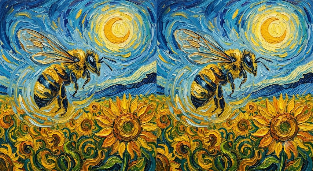 Pszczoła i słoneczniki w stylu Van Gogha - obraz wygenerowany przez Google Gemini